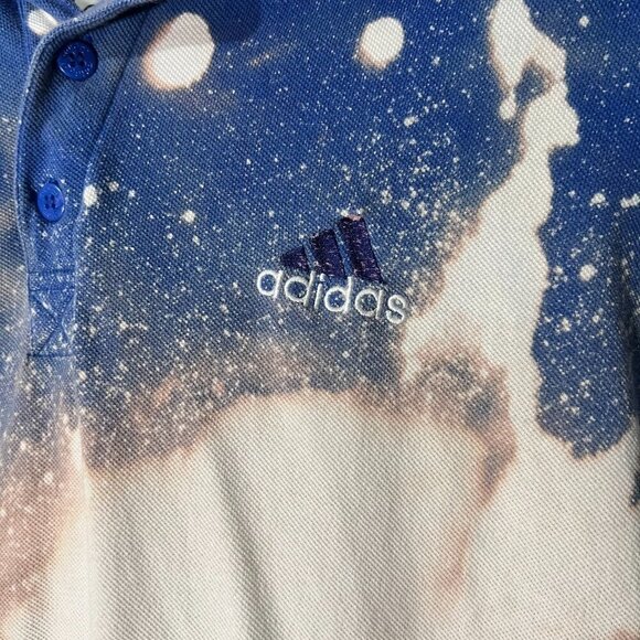 y2k Adidas Polo Shirt Reworked Bleach Bomb Embroidered Logo Blue Men's L - Picture 4 of 5